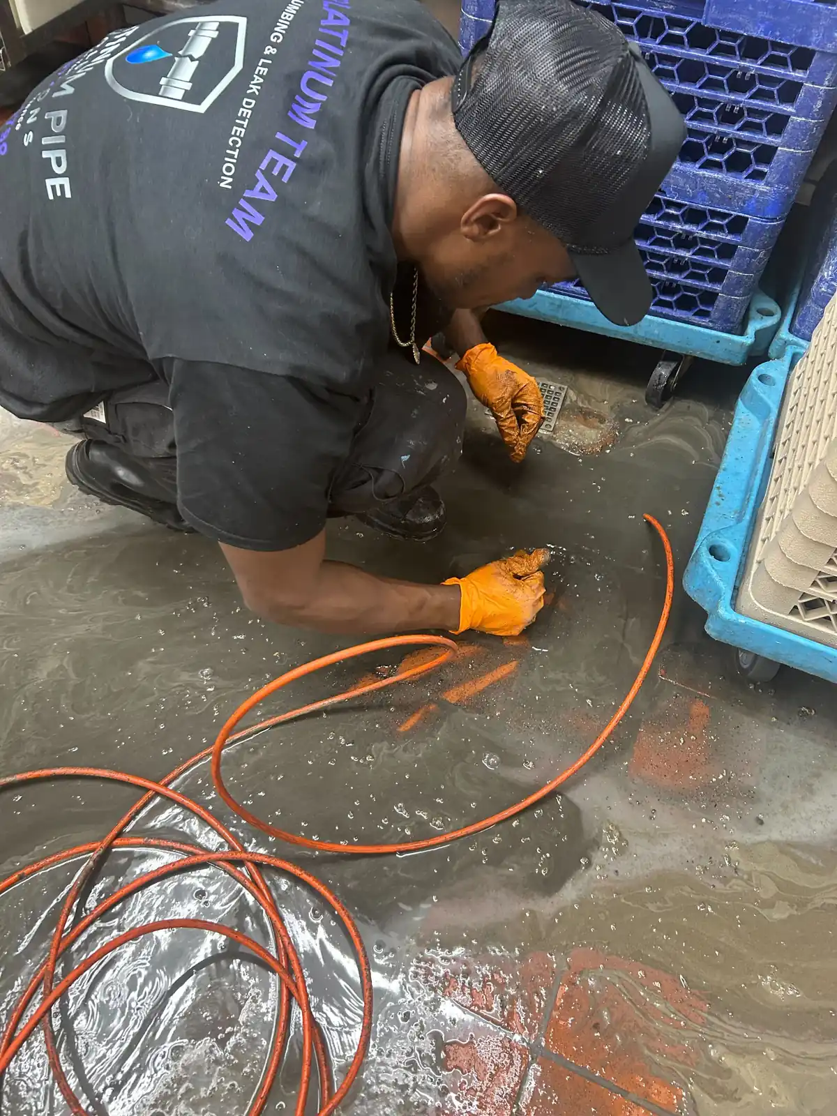 Plumber in a Platinum Pipe shirt feeding a drain cable into a flooded floor drain in a commercial kitchen